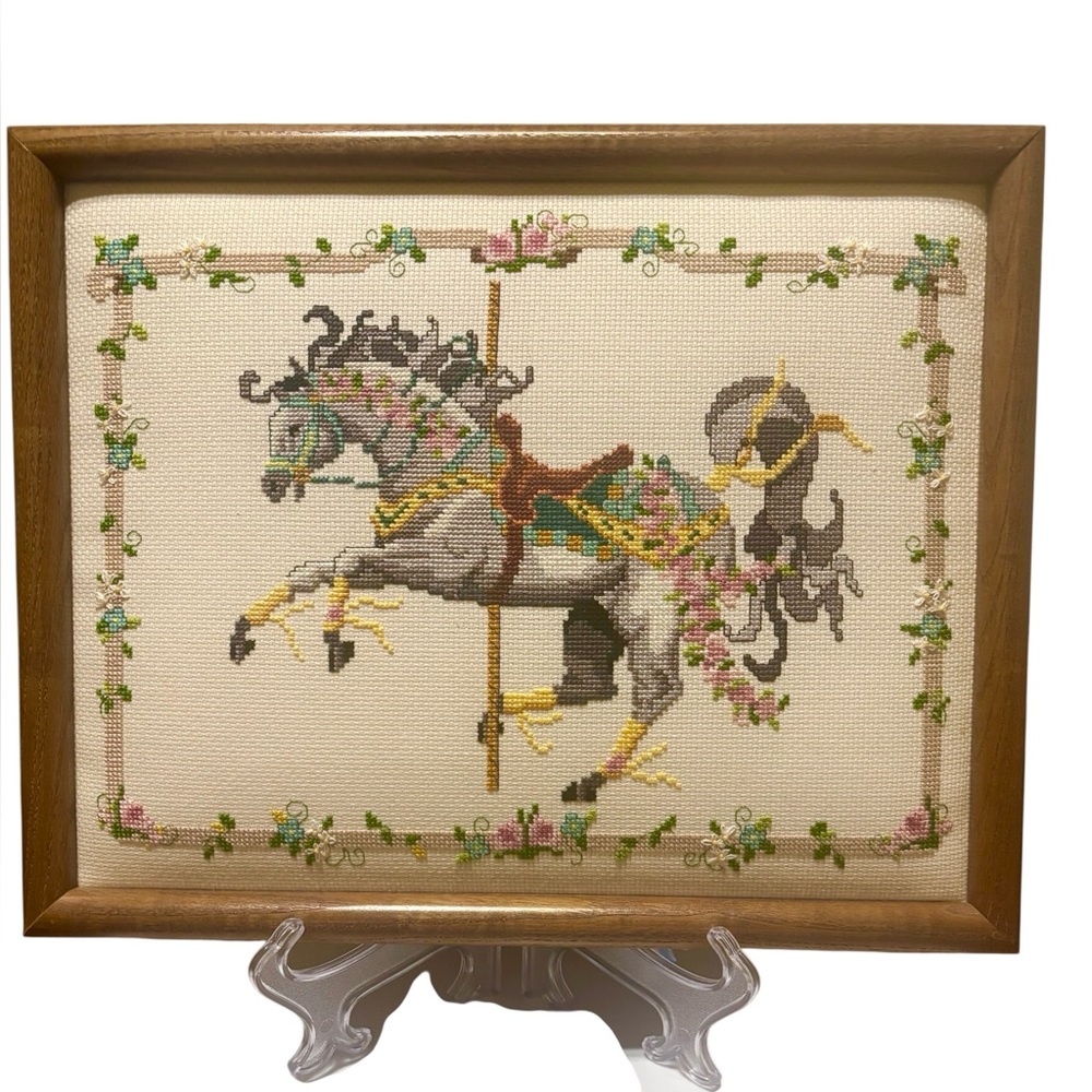 Vintage Needlepoint Carousel Horse Wall Art-Professionally framed-Just Stunning